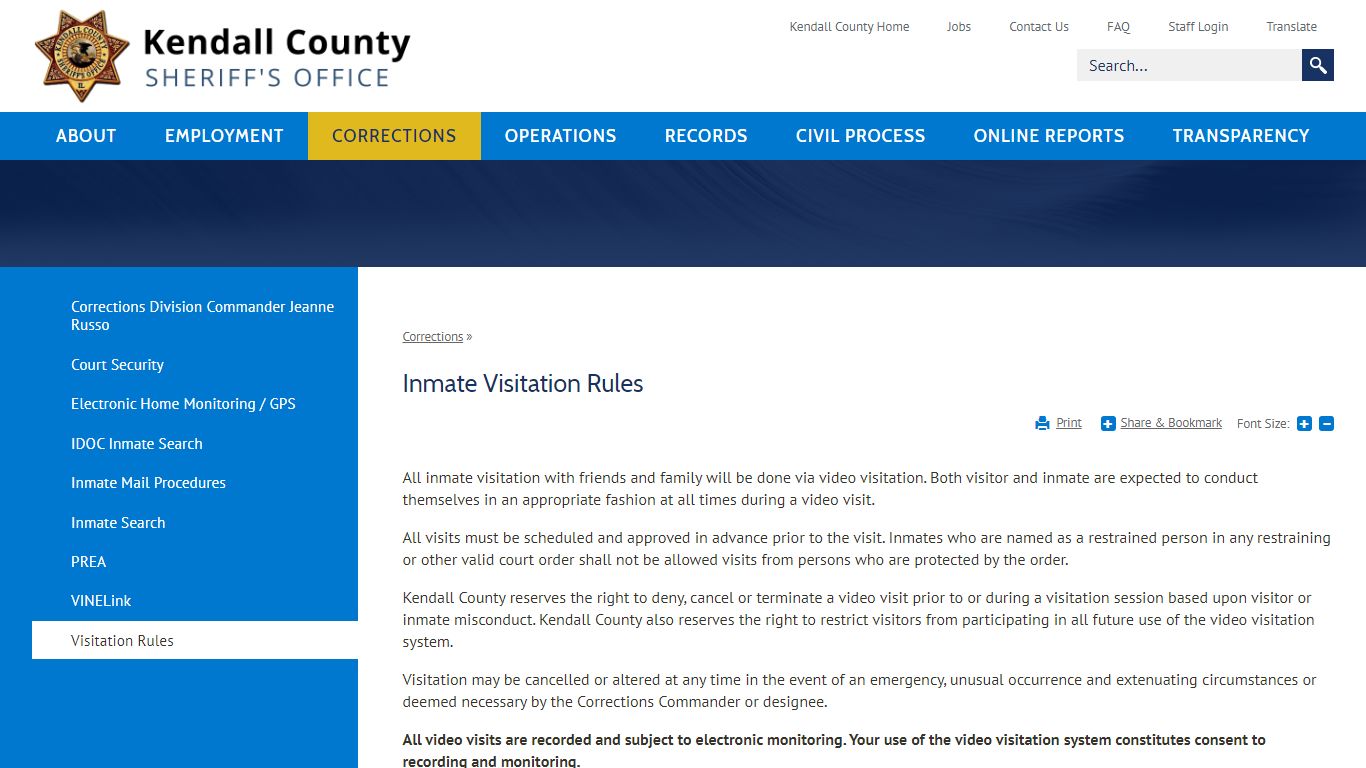 Inmate Visitation Rules | Kendall County, IL