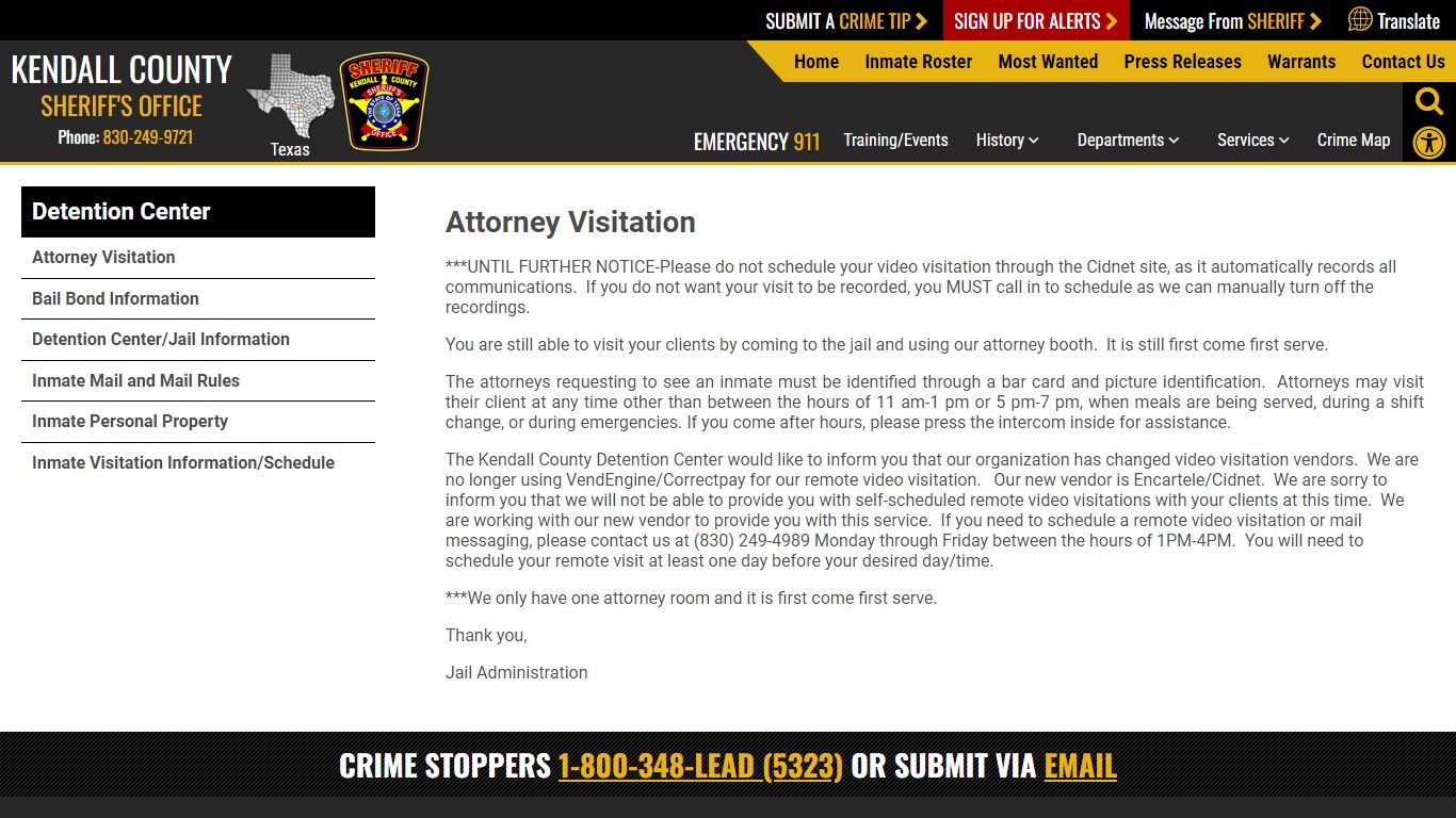 Attorney Visitation | Kendall County Sheriffs Office